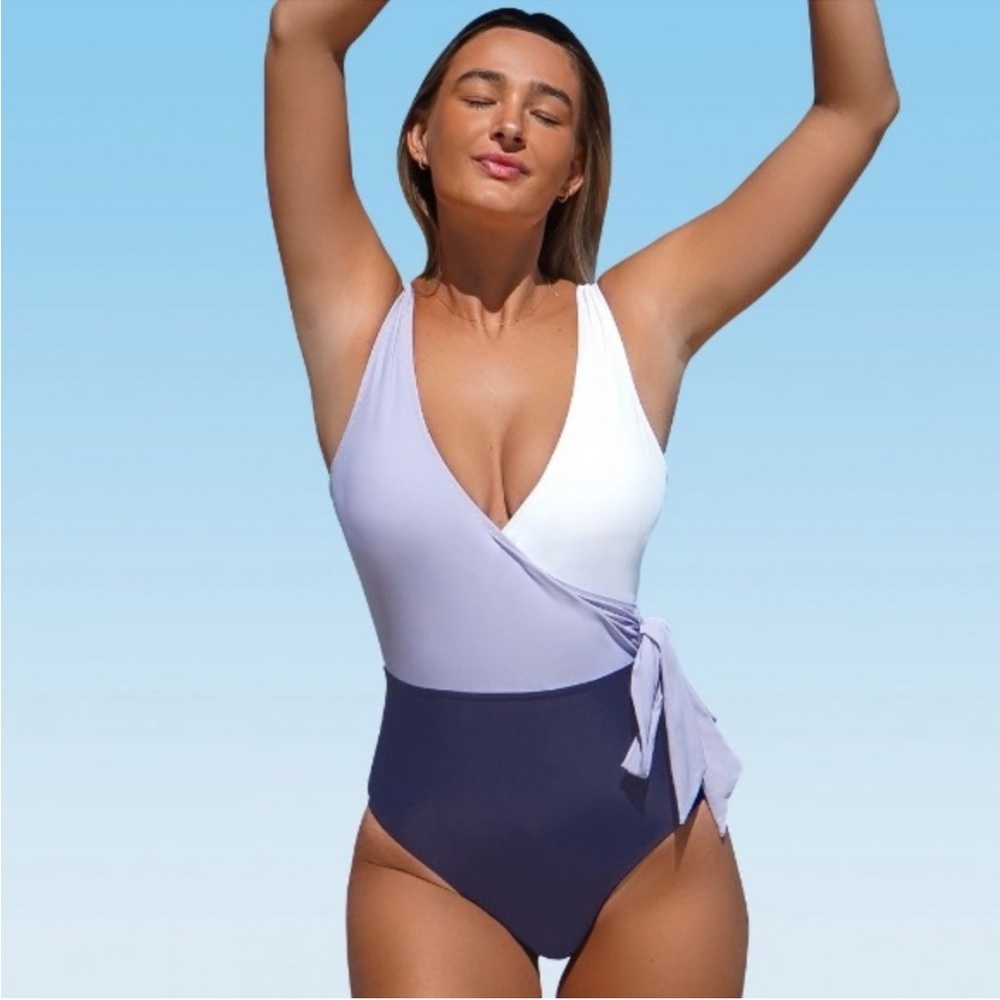CUPSHE One Piece Swimsuit Wrap Color Block Tie, Purple White, Size Small